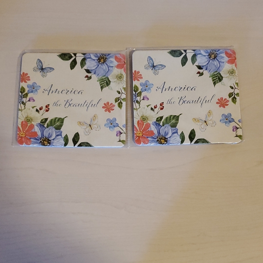 Set of Two Coasters - Cardboard featuring America the Beautiful with Flowers